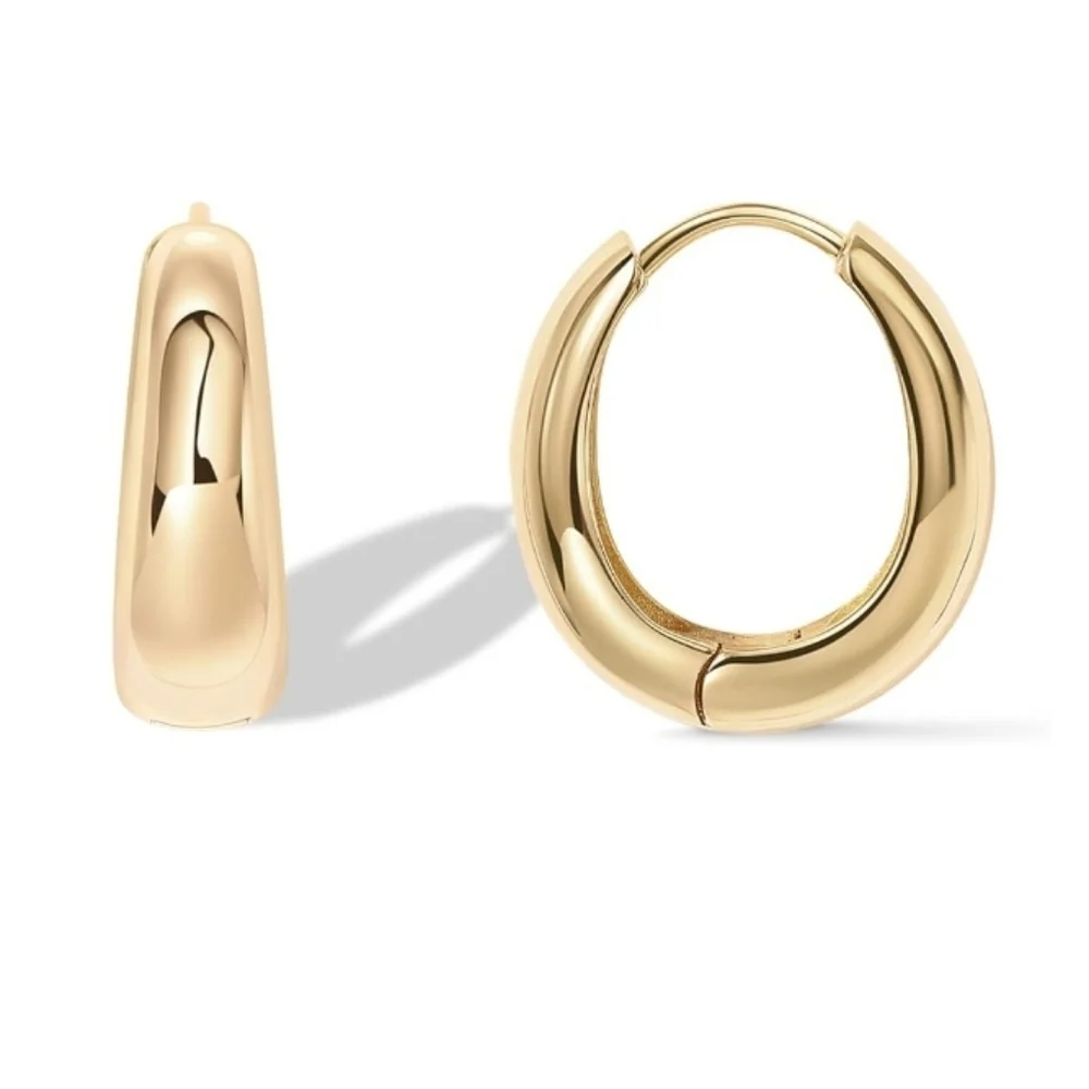 14K Gold Plated 925 Sterling Silver Post Chunky Hoop Earrings - Picture 6 of 6